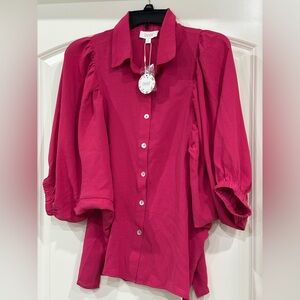 Oddy Vibrant Pink Button Down Shirt with Puff Sleeves